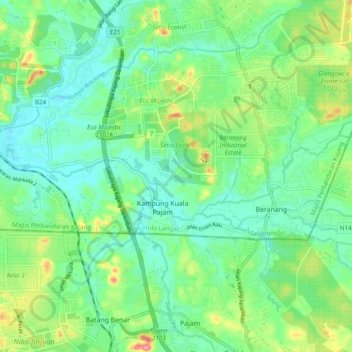 Beranang River topographic map, elevation, terrain