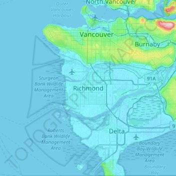 Topographic Map Of Vancouver Richmond Topographic Map, Elevation, Relief