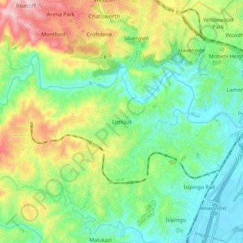 Umlazi topographic map, elevation, relief