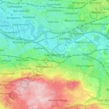 Cambuslang topographic map, elevation, relief