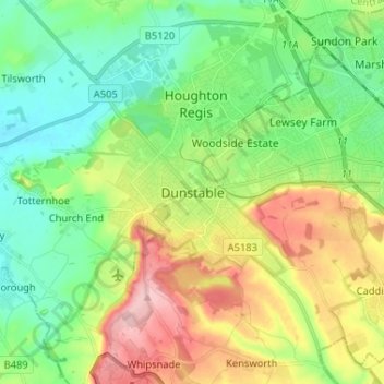 Dunstable topographic map, elevation, relief