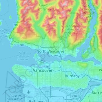 Elevation Map North Vancouver North Vancouver Topographic Map, Elevation, Relief