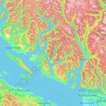 Vancouver Island Elevation Map Sunshine Coast Topographic Map, Elevation, Relief