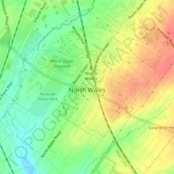 North Wales topographic map, elevation, relief