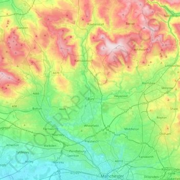 River Irwell topographic map, elevation, relief