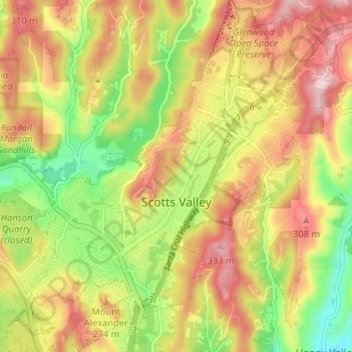 Topographic map showing elevation and relief of Scotts Valley