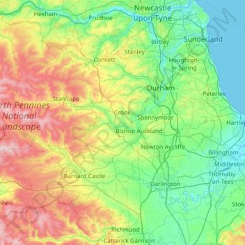 County Durham topographic map, elevation, relief