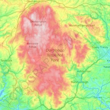 Dartmoor National Park topographic map, elevation, relief