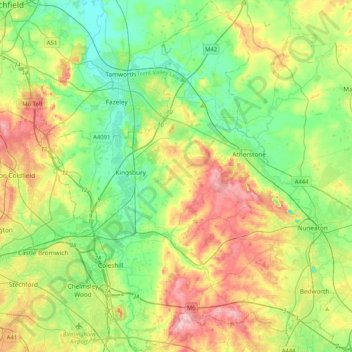 North Warwickshire topographic map, elevation, relief