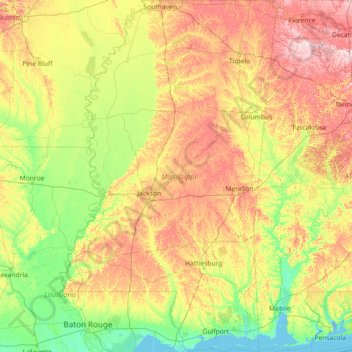 Mississippi topographic map, elevation, relief