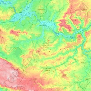 Bath and North East Somerset topographic map, elevation, relief