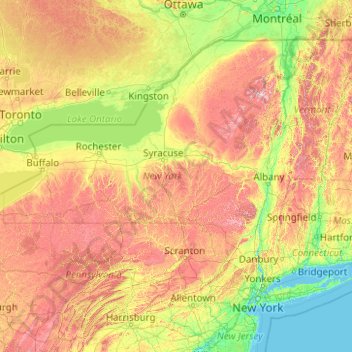 New York topographic map, elevation, relief