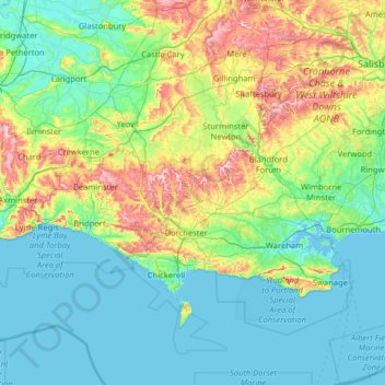 Dorset topographic map, elevation, relief