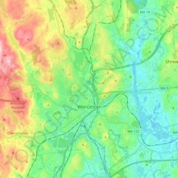 Worcester topographic map, elevation, relief