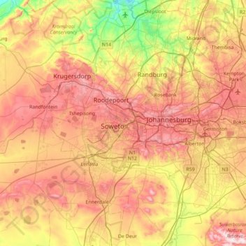 Topographic Map Of Johannesburg City Of Johannesburg Metropolitan Municipality Topographic Map, Elevation,  Relief