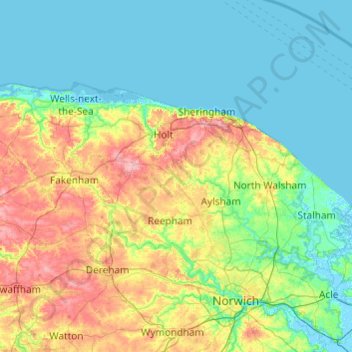 Map Of Norfolk Uk North Norfolk Topographic Map, Elevation, Relief