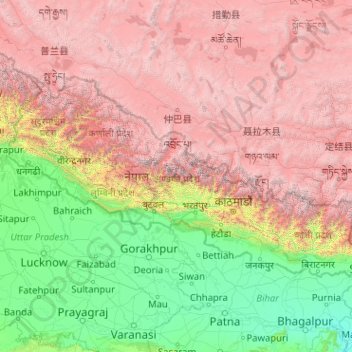 Nepal topographic map, elevation, relief