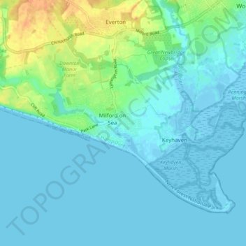 Milford-on-Sea topographic map, elevation, relief