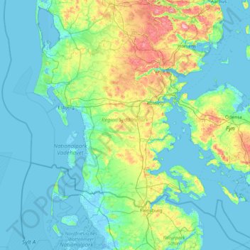 Region of Southern Denmark topographic map, elevation, relief