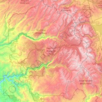 Yosemite National Park topographic map, elevation, relief