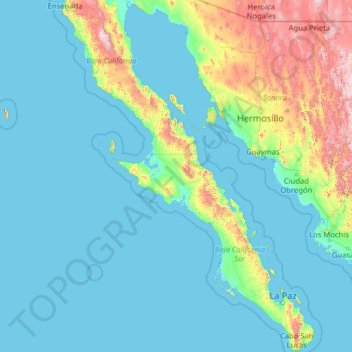 Lower California Peninsula topographic map, elevation, relief