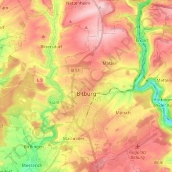 Bitburg topographic map, elevation, relief