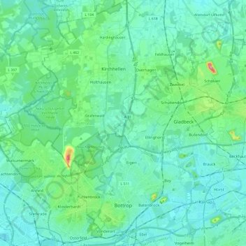 Bottrop topographic map, elevation, relief