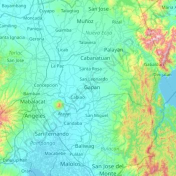 Pampanga River topographic map, elevation, relief