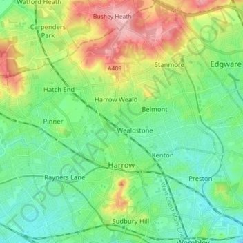 Contour Map Of London London Borough Of Harrow Topographic Map, Elevation, Relief