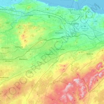 West Lothian topographic map, elevation, relief