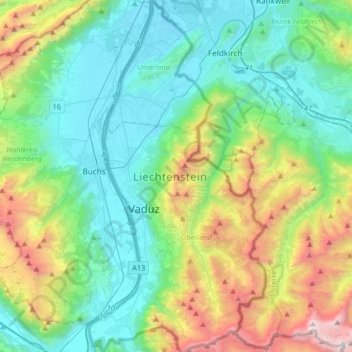 Liechtenstein topographic map, elevation, relief