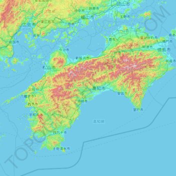Shikoku topographic map, elevation, relief