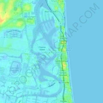 Gold Coast Topographic Map Surfers Paradise Topographic Map, Elevation, Relief