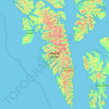 Baranof Island topographic map, elevation, relief