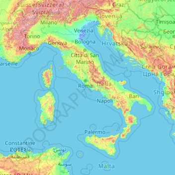 Topographic Map Of Italy.