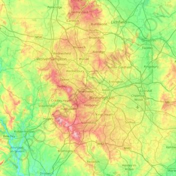 West Midlands topographic map, elevation, relief