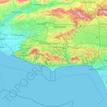 Los Angeles Elevation Map Santa Monica Mountains National Recreation Area Topographic Map, Elevation,  Relief