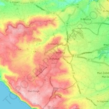 Rabat topographic map, elevation, relief