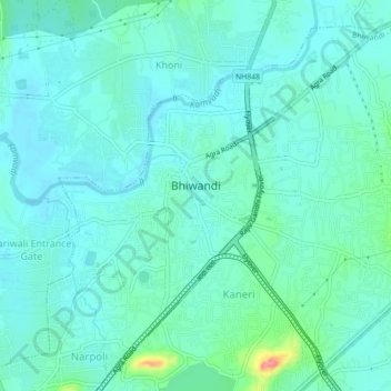 Bhiwandi topographic map, elevation, relief